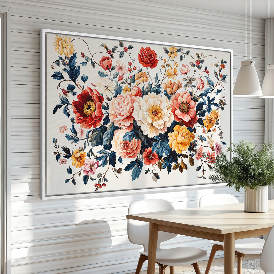 Framed Wall Art: Stunning floral canvas print in a watercolor style, featuring vibrant red, yellow, and blue hues. Perfect for adding elegance to any space!