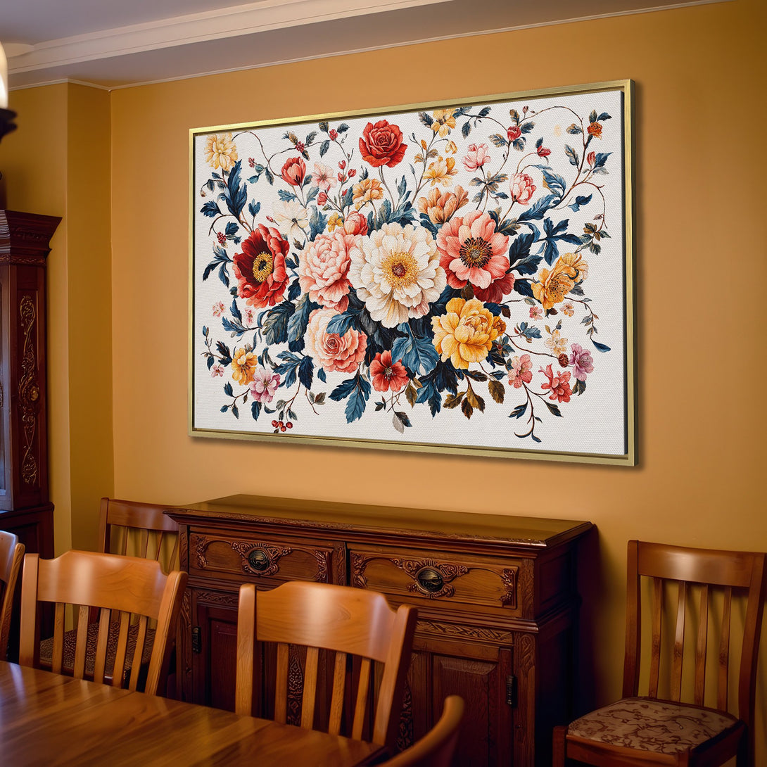Canvas Print of a floral bouquet in a vintage style. Features a warm color palette of reds, yellows, and blues. Perfect wall art for any home.