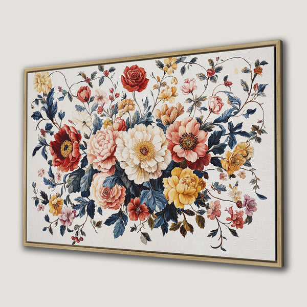 Framed Wall Art of a vibrant floral bouquet in watercolor style. Features a warm color palette of reds, yellows, and blues. Perfect for adding elegance to any space.