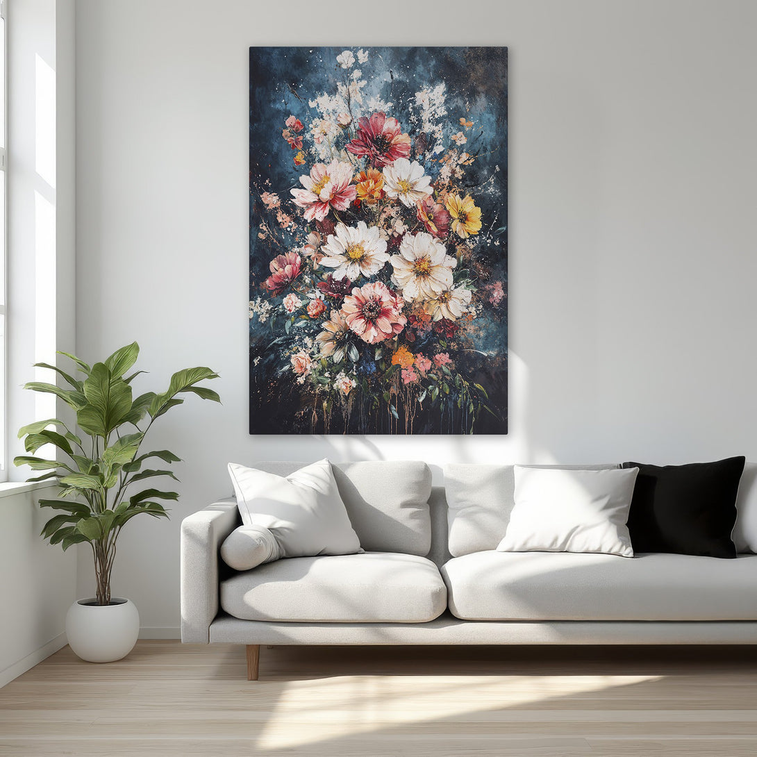 Framed Wall Art: Stunning floral canvas print in a dark, moody style with a vibrant red, white, and yellow color palette. Perfect for bedroom decor!