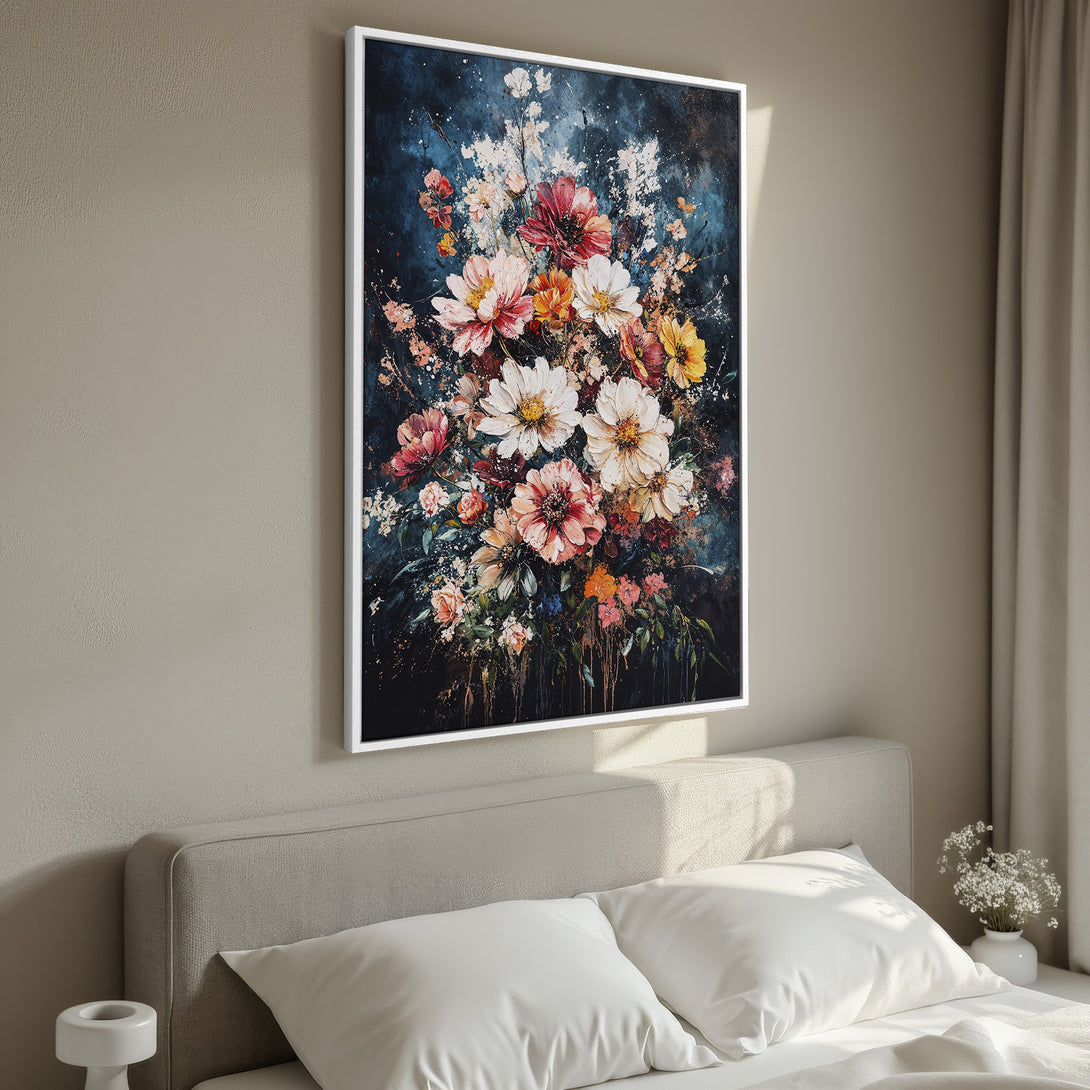 Framed Wall Art: Floral painting with a dark blue background, featuring vibrant red, white, and yellow flowers. Perfect for bedroom decor.