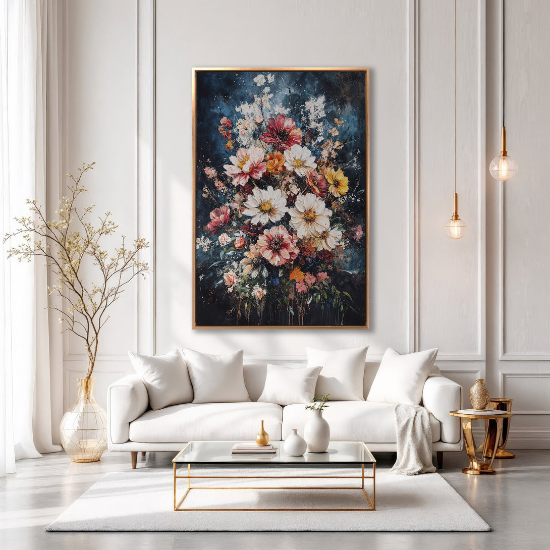 Framed Wall Art: Elegant floral painting in a modern interior. Features a dark blue background with colorful flowers. Perfect for adding a touch of art to your home.