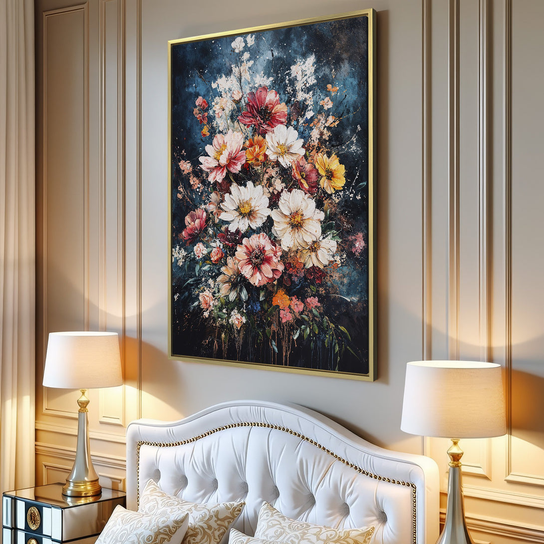 Canvas Print of a vibrant floral bouquet in a modern style. Features a rich color palette with blues, pinks, and yellows. Perfect wall art for your home!