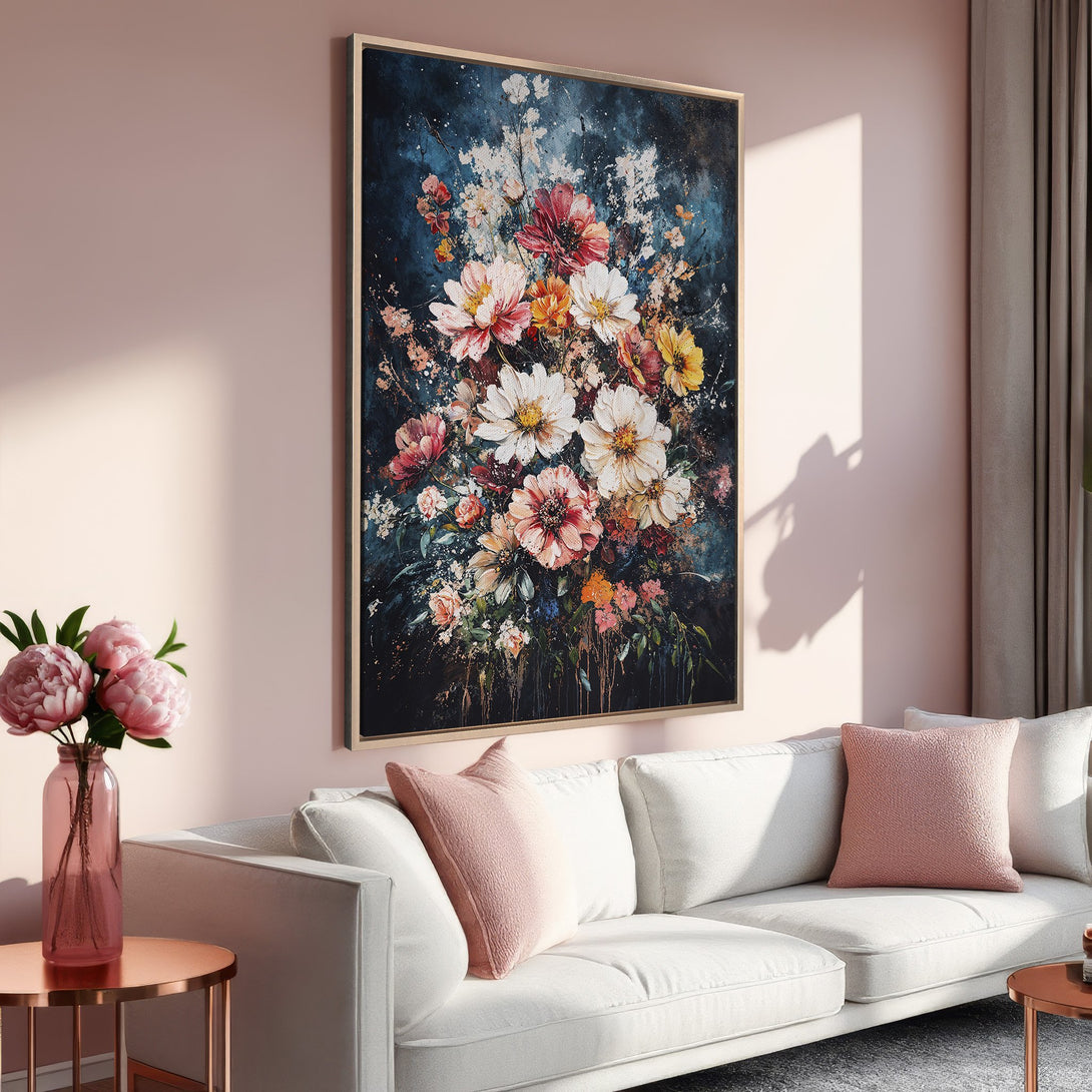 Framed Wall Art: Stunning floral painting in a modern style, featuring a vibrant mix of pink, white, and yellow blooms against a dark background. Perfect home decor.