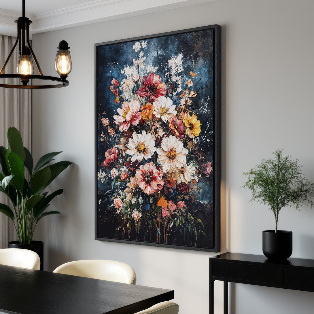 Framed Wall Art featuring a vibrant floral bouquet in a painterly style with a dark blue and warm color palette. Perfect for adding elegance to any space.