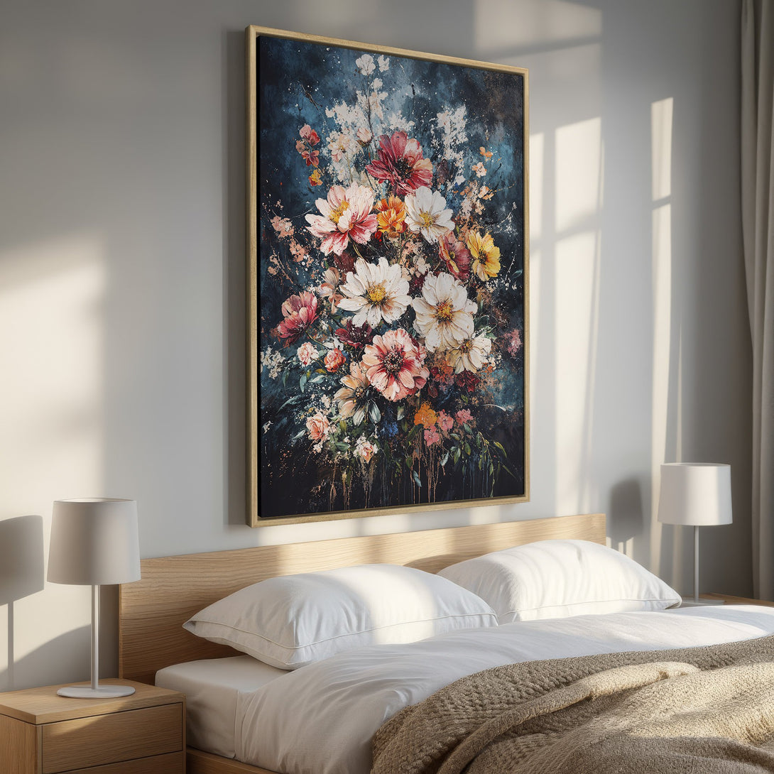 Framed Wall Art featuring a vibrant floral bouquet in a dark, moody style. Adds a pop of color with pinks, whites, and yellows to any bedroom.
