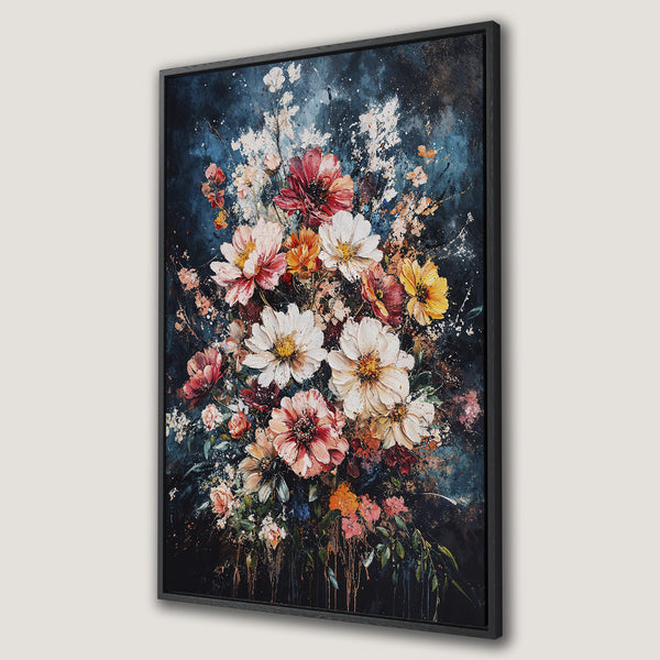Framed Wall Art featuring a vibrant floral bouquet. Impressionistic style with a dark blue background and pops of red, white, and yellow. Perfect for adding color to any room.