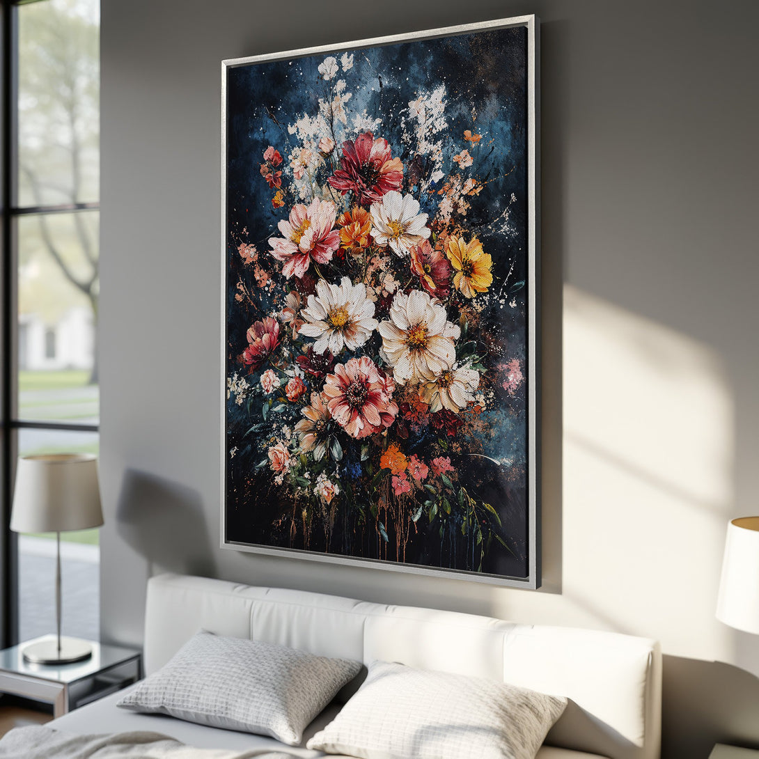 Framed Wall Art featuring a vibrant floral bouquet in a dark, moody style with a rich color palette of reds, whites, and yellows. Perfect for home decor.