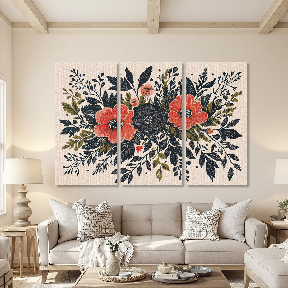 Canvas Print triptych featuring a floral design in a modern, botanical style. Red, black, and green hues on a neutral background. Perfect wall art!