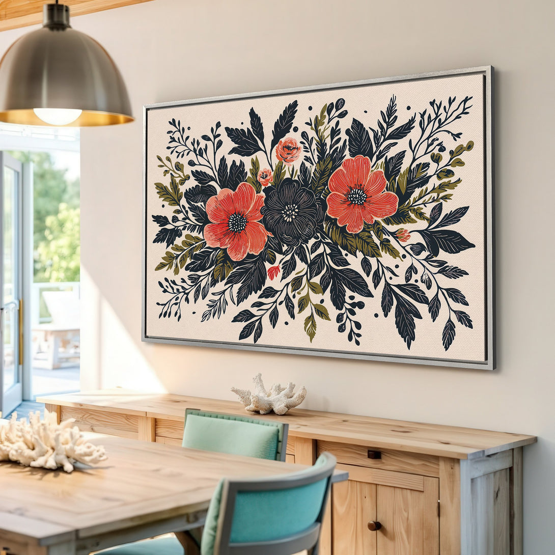 Framed Wall Art: Floral canvas print in a modern style, featuring red, black, and green botanical art on a neutral background. Perfect for home decor.