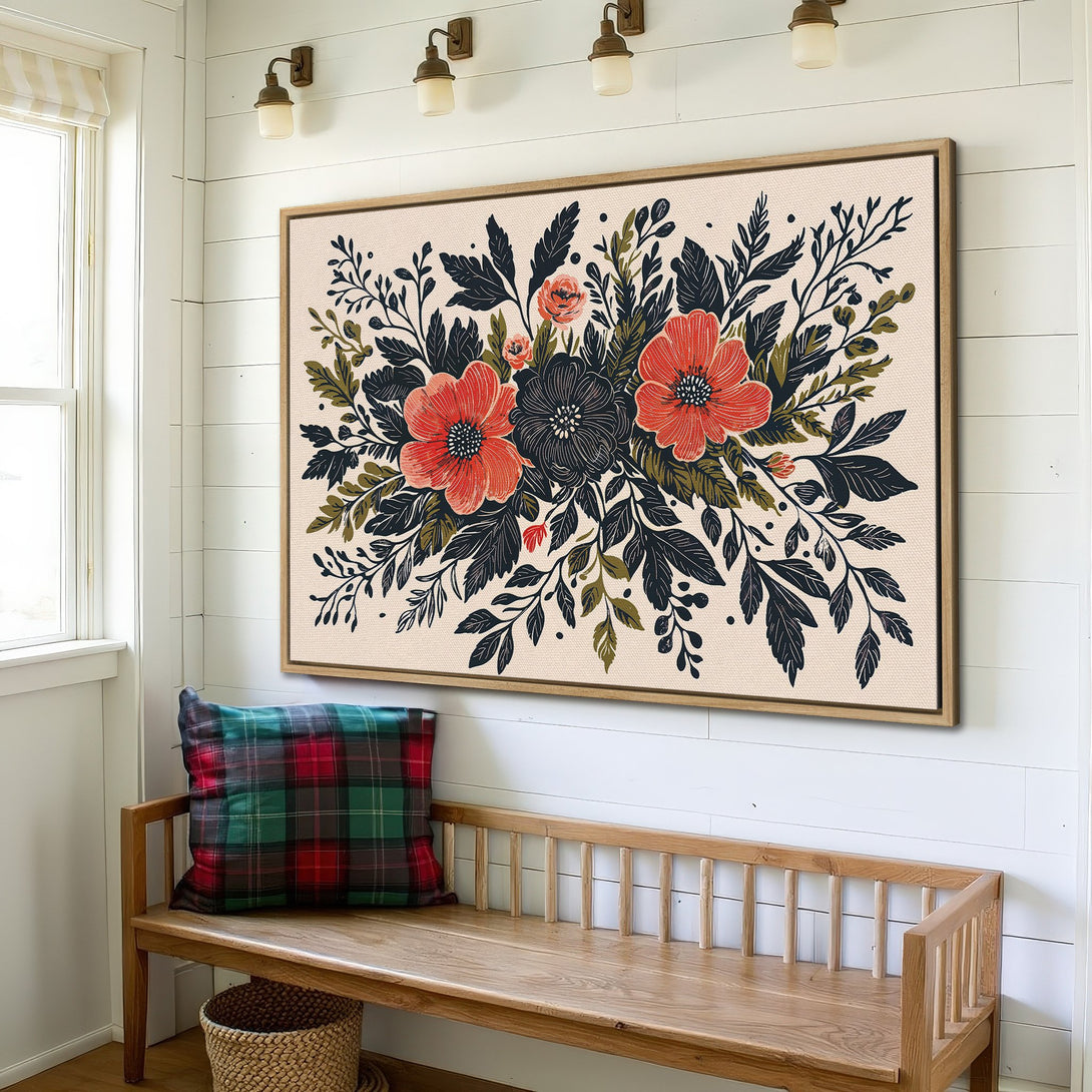 Framed Wall Art: Floral Canvas Print in a farmhouse style, featuring red, black, and green flowers on a neutral background. Perfect for adding a touch of nature!