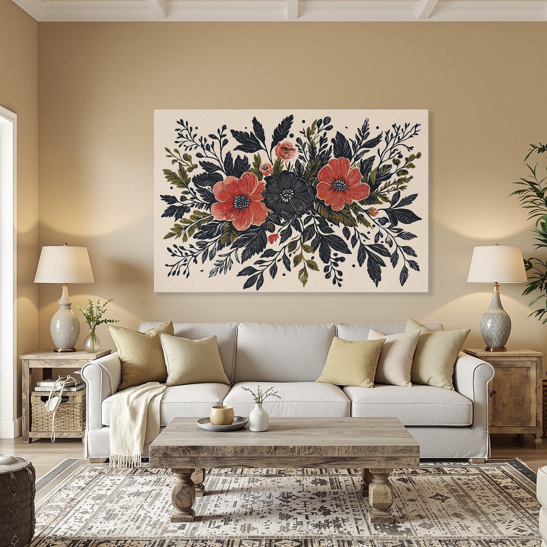 Framed Wall Art featuring vibrant floral design in red, black, and green. Adds a touch of elegance to any interior. Shop now!