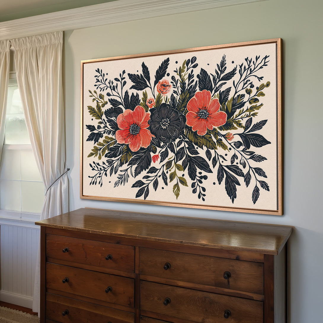 Framed Wall Art featuring a floral design with red and navy blooms. Modern style, perfect for adding color and elegance to your home decor.