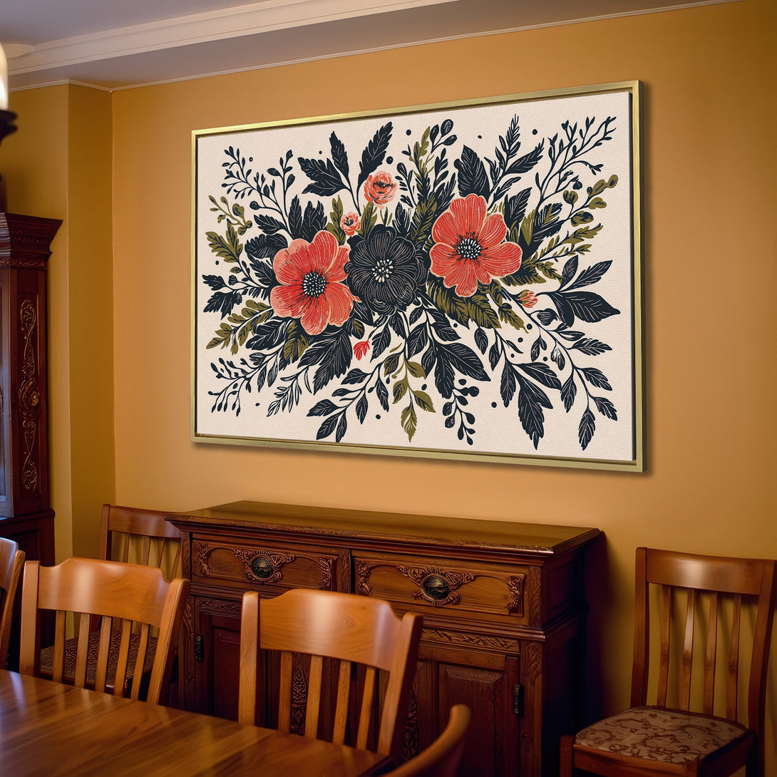 Canvas Print featuring a floral design in a rustic style, with red, black, and green hues. Perfect for adding a touch of nature to your home decor.