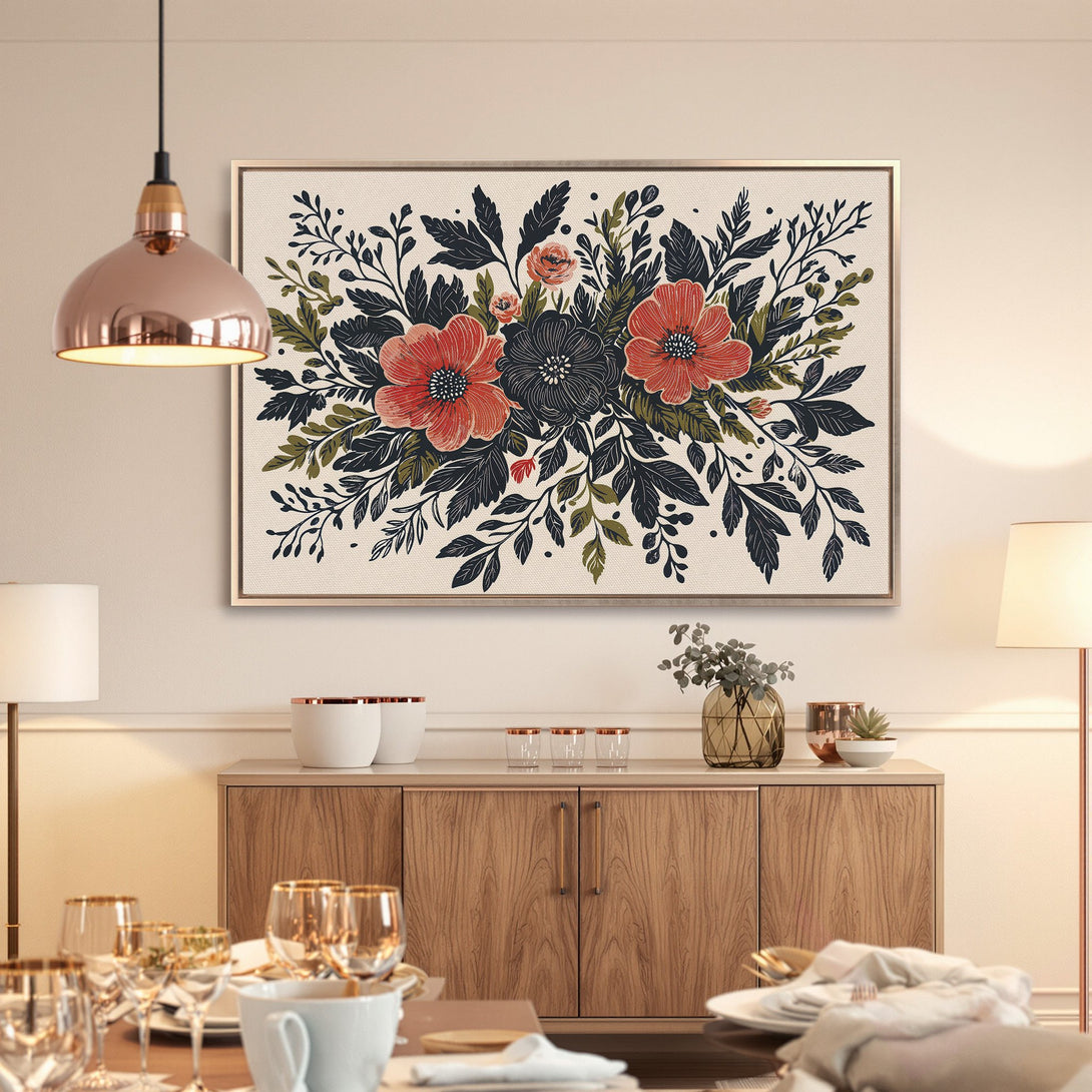 Framed Wall Art: Floral Canvas Print with red, black, and green botanical design. Perfect for adding a touch of elegance to your dining room decor.