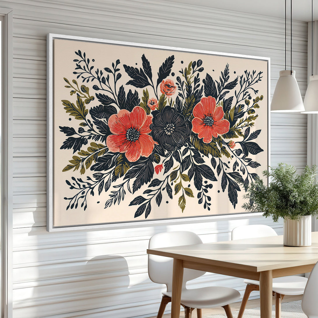 Framed Wall Art featuring a floral botanical print in a modern style. Warm color palette with reds, greens, and blacks. Perfect for adding a touch of elegance to your home.