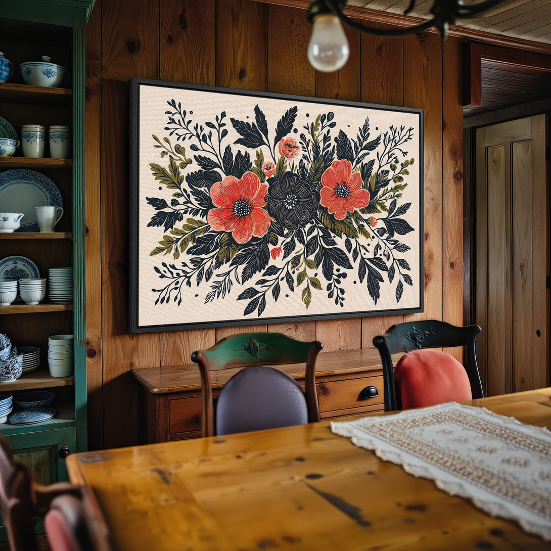 Framed Wall Art: Floral canvas print with red, black, and green botanical design. Rustic style art for home decor.