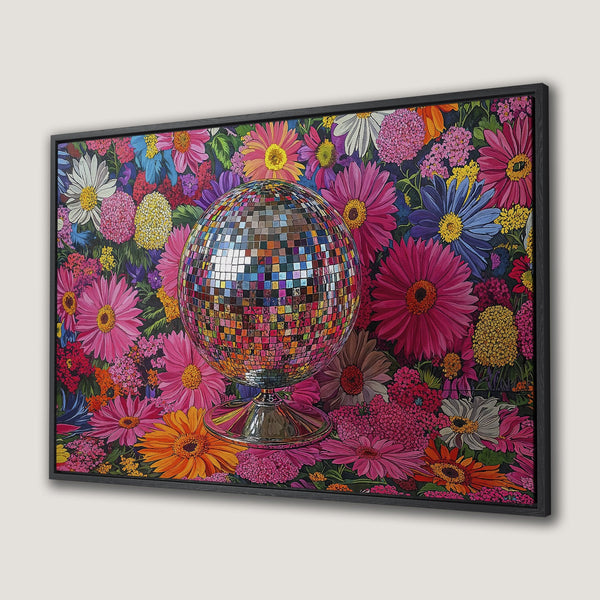 Framed Wall Art: Disco ball art print with vibrant floral background. Colorful, modern style with a bright, eclectic palette. Perfect for any room!