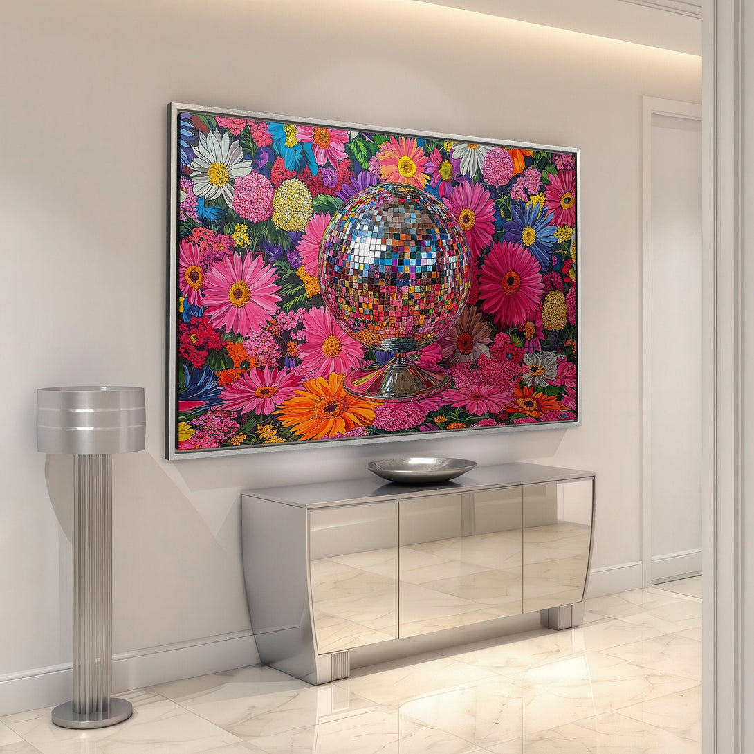 Framed Wall Art featuring a disco ball and floral design in vibrant pinks, blues, and oranges. Modern art for a pop of color in any room.
