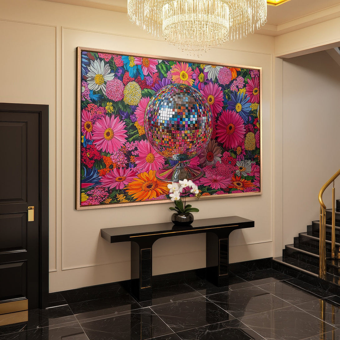 Framed Wall Art: Floral disco ball print in a vibrant, colorful palette. Adds a pop of art to any interior.