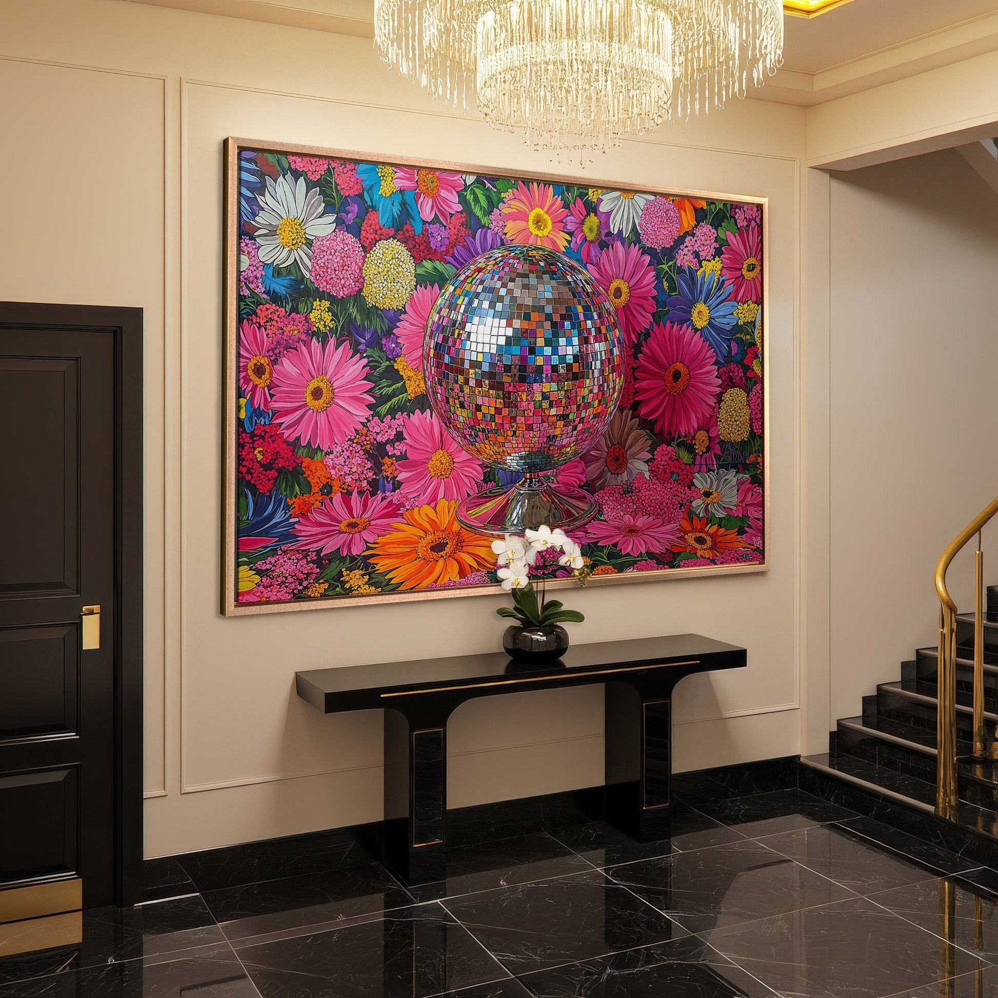 Vibrant Floral Disco Ball Canvas Print with Pink Hues