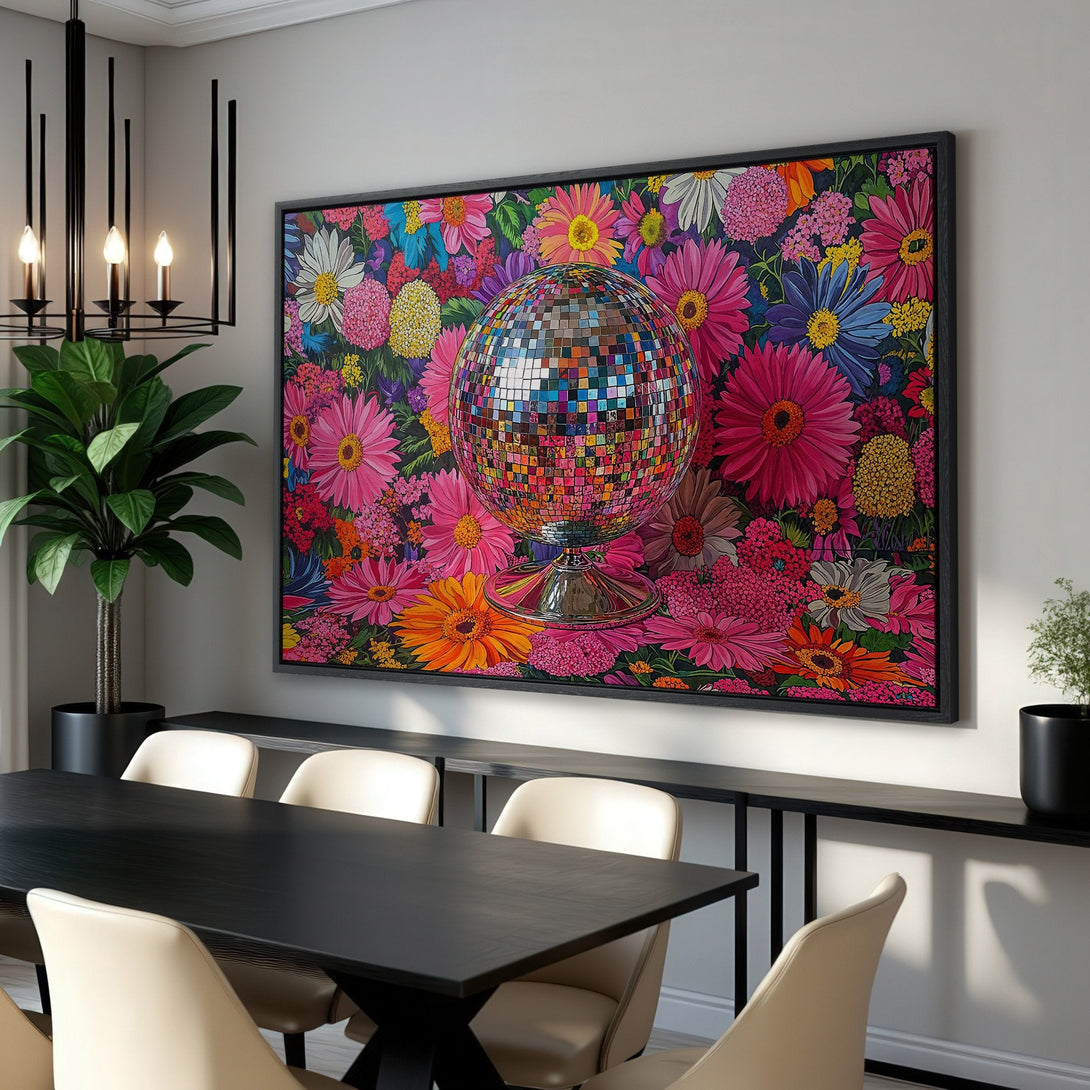 Framed Wall Art featuring a disco ball amidst a vibrant floral backdrop. Pop art style with a bold, colorful palette of pinks, oranges, and blues. Perfect for adding a statement piece!