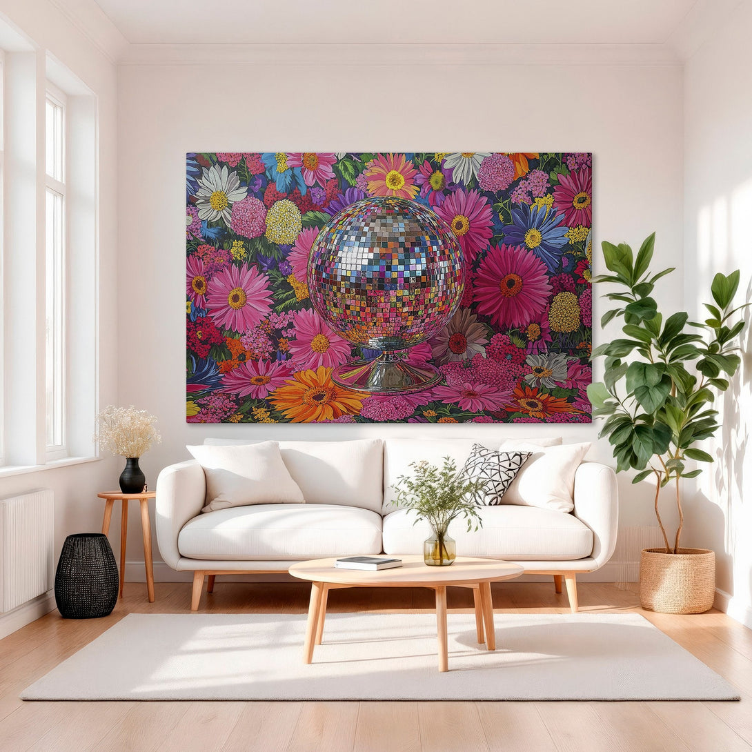 Framed Wall Art: Disco ball and floral print in vibrant pinks, oranges, and blues. Modern canvas art for a pop of color in any room.