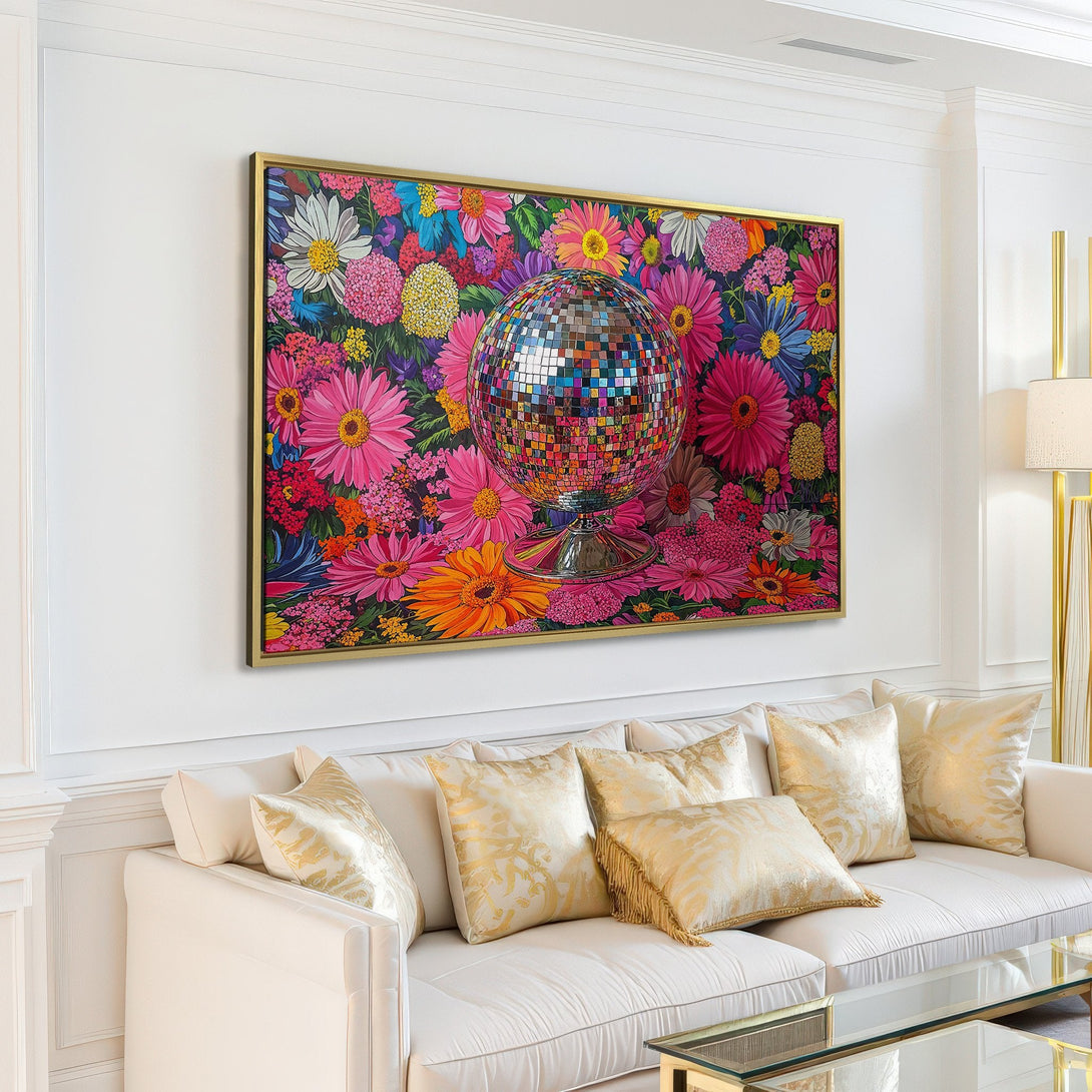 Canvas Print featuring a vibrant disco ball and floral background. Bright, colorful artwork in a modern interior. Perfect wall art for a pop of color!