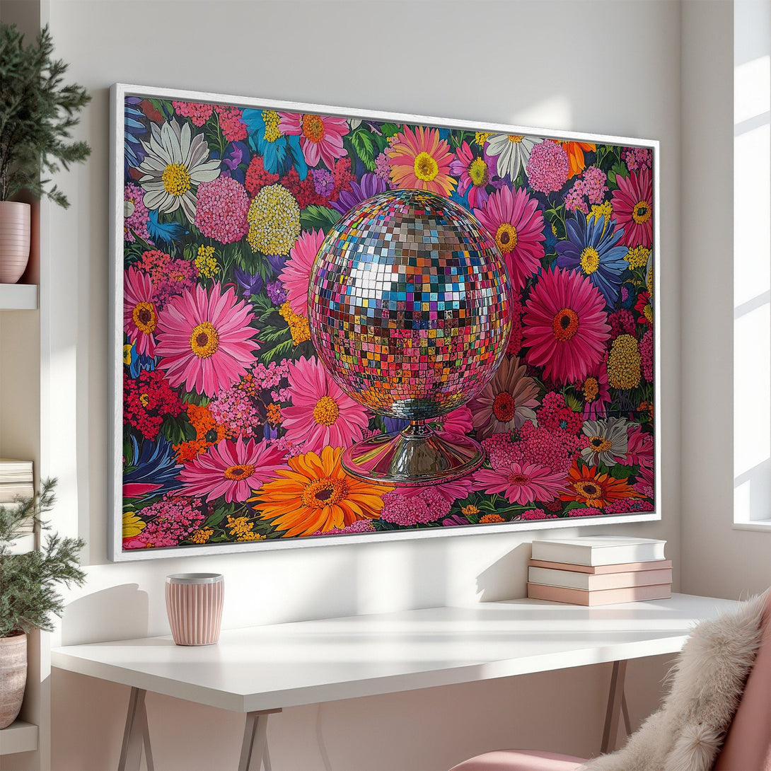 Framed Wall Art: Disco ball & floral print in a vibrant, colorful palette. Perfect for adding a pop of fun to your home decor.
