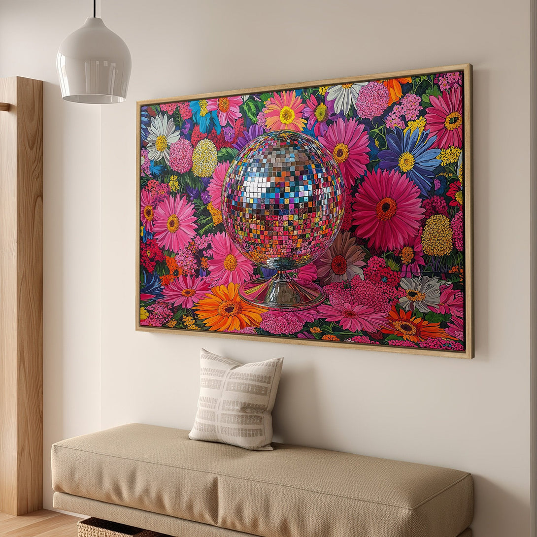 Framed Wall Art: Vibrant floral print with disco ball, colorful palette. Perfect for adding a pop of art to your space!