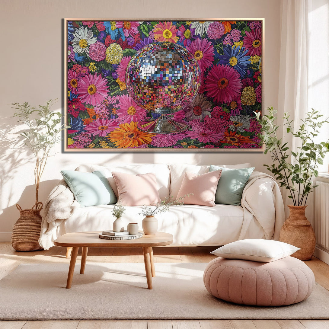 Framed Wall Art: Disco ball art print with vibrant floral background. Colorful, eye-catching artwork for living room decor.