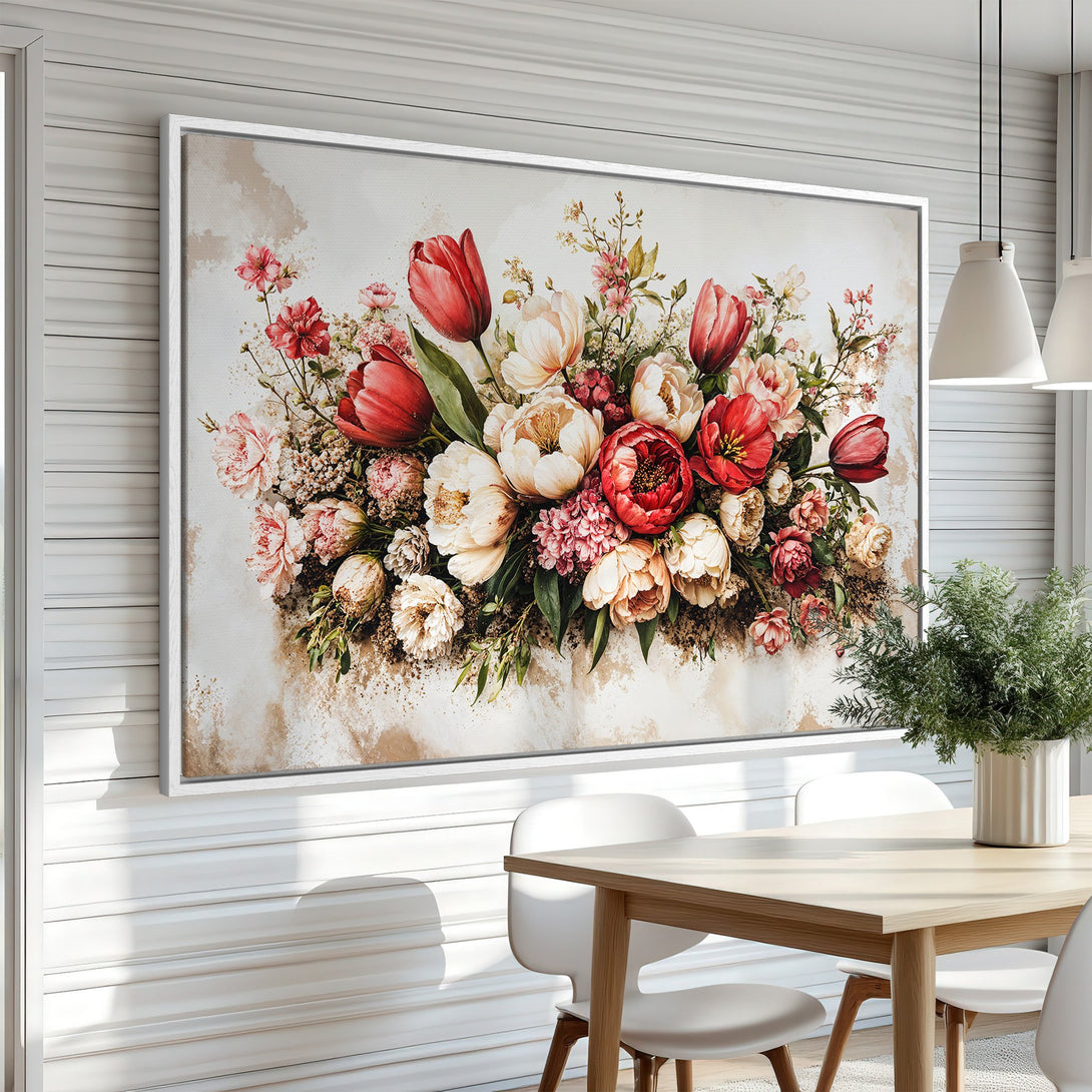Framed Wall Art: Stunning floral canvas print in a dining room. Features red, pink, and cream flowers in a watercolor style. Perfect home decor accent.