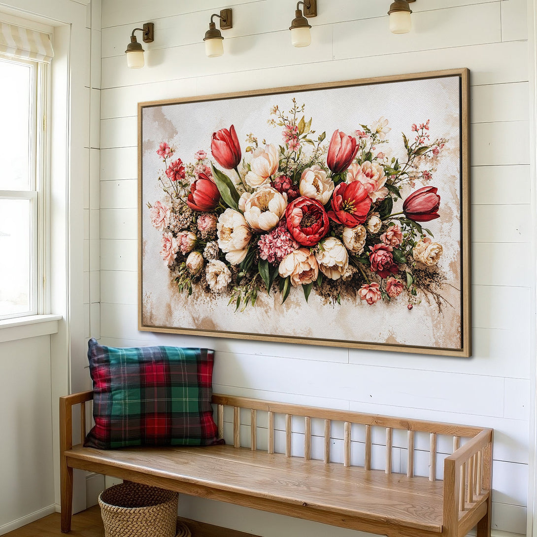 Framed Wall Art: Floral bouquet canvas print in farmhouse style, featuring red, pink, and cream blooms. Perfect for adding a touch of elegance!