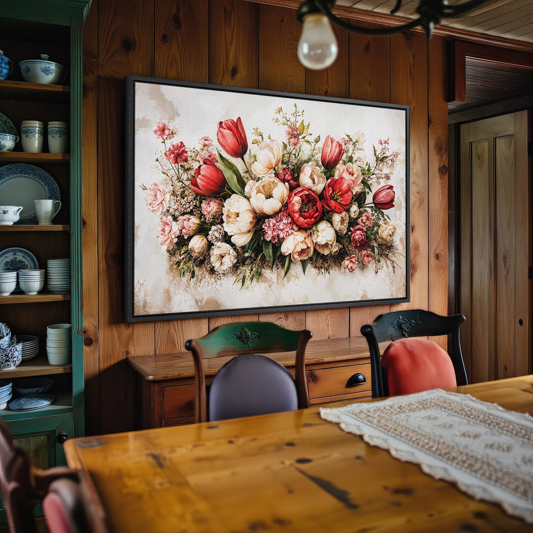 Framed Wall Art: Floral Canvas Print with red and cream flowers. Rustic style, warm color palette. Perfect for dining room decor.