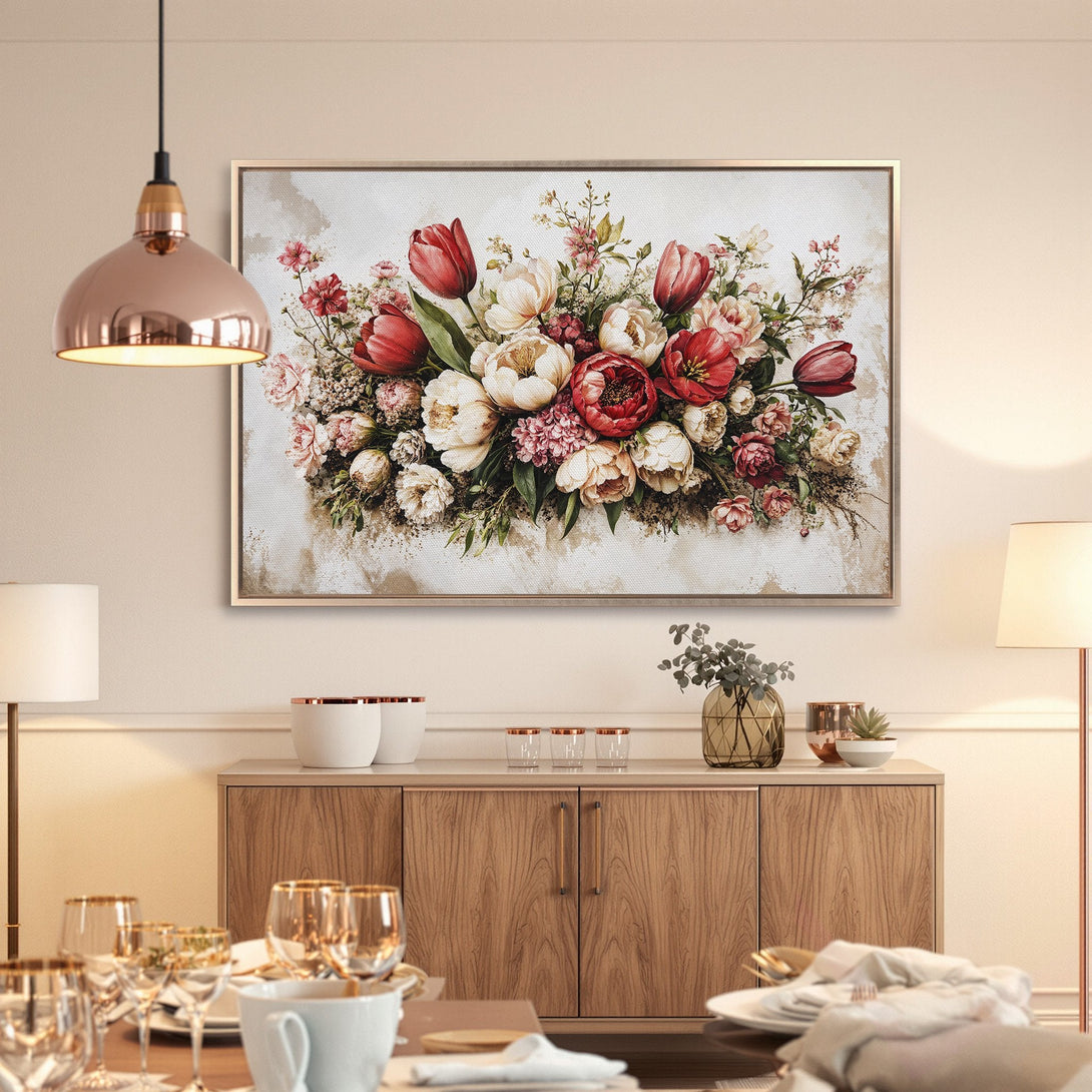 Framed Wall Art: Stunning floral Canvas Print with red, white, and pink blooms. Perfect for adding a touch of elegance to any space.