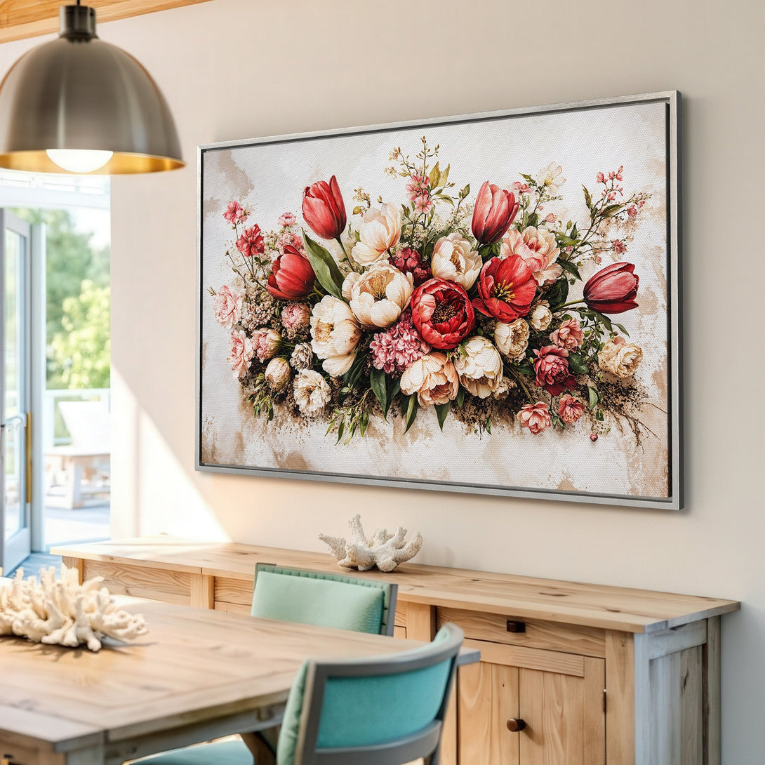 Framed Wall Art: Stunning floral Canvas Print with red, pink, and cream blooms. Perfect for adding a touch of elegance to your home decor.