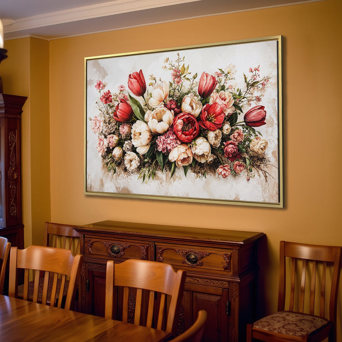 Canvas Print featuring a floral bouquet in a vintage style with red, cream, and green hues, displayed in a cozy living room.