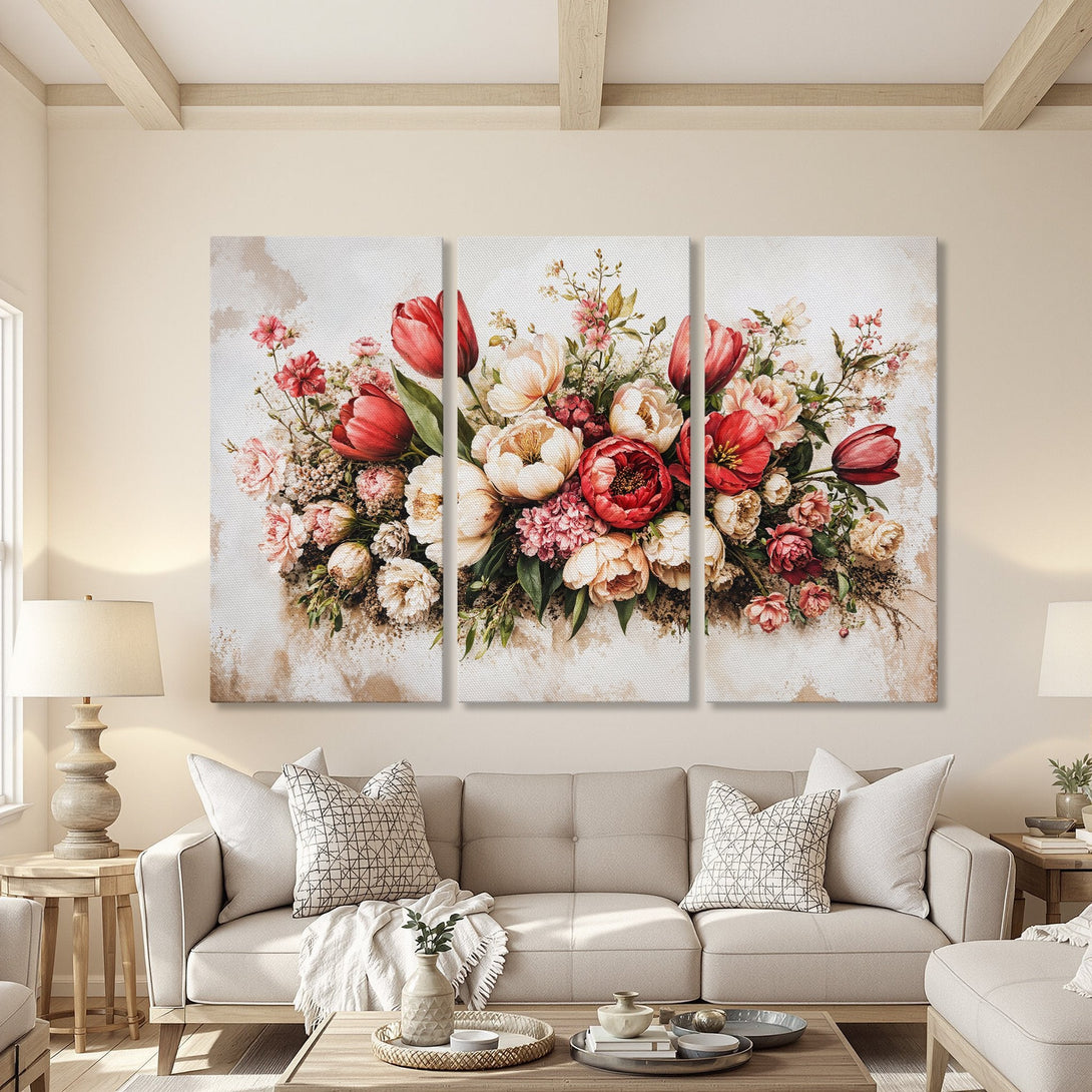 Canvas Print of a floral bouquet in a soft, watercolor style. Features red, pink, and cream flowers. Perfect wall art for a living room.