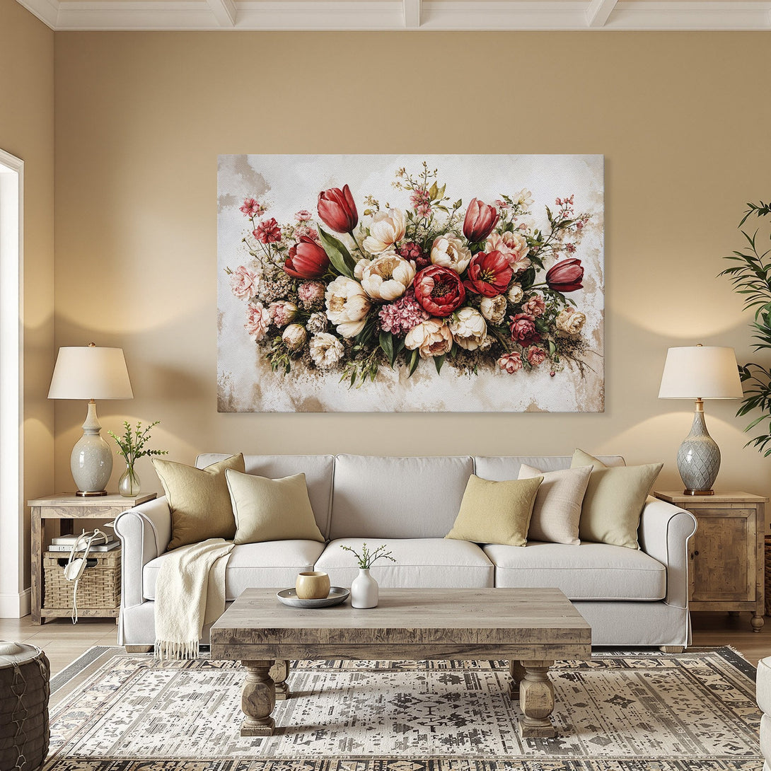 Framed Wall Art of vibrant floral bouquet in red, pink, and cream tones. Perfect for adding elegance to any space.