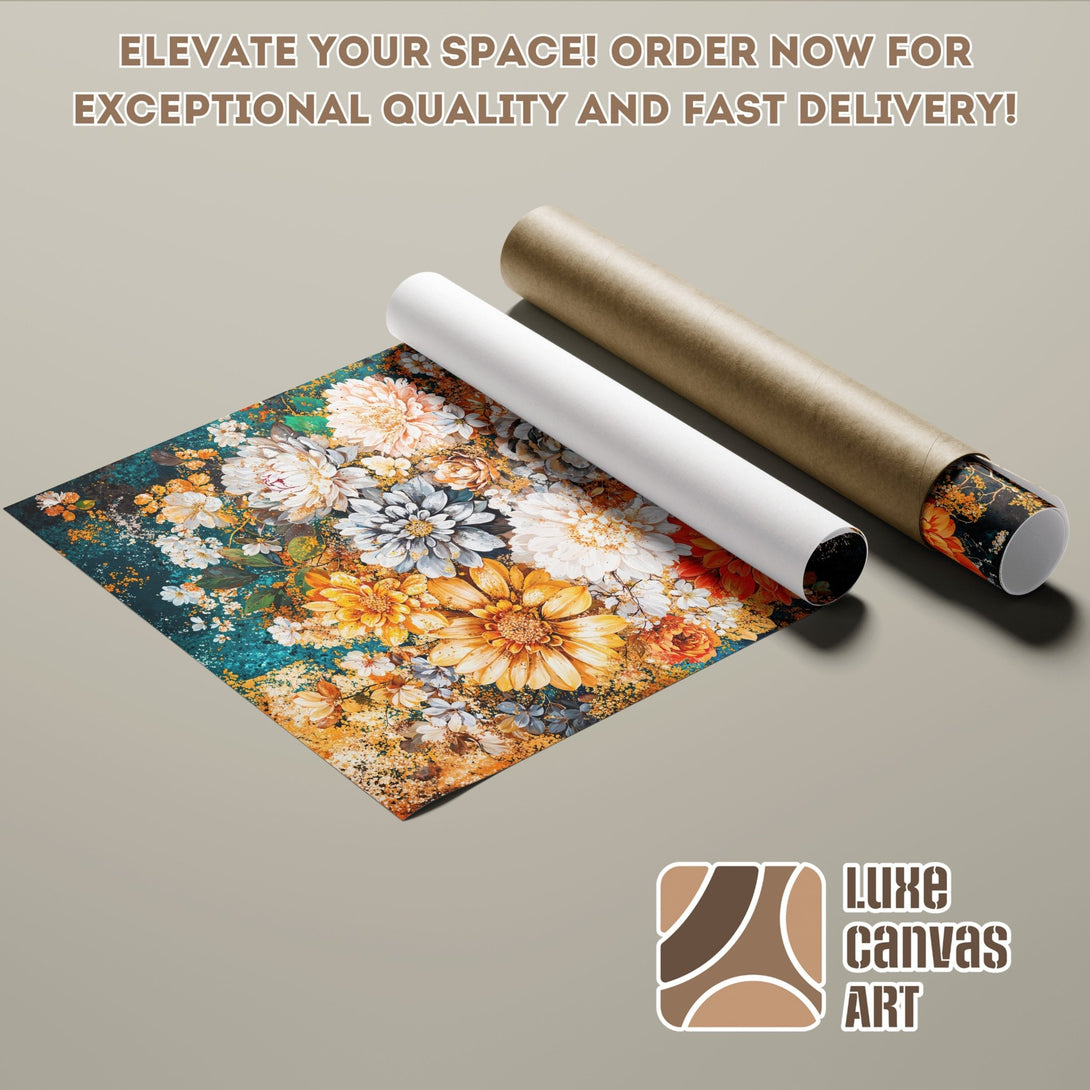 Poster Roll featuring a floral art print. Artistic style with a teal, gold, and white color palette. Elevate your space!