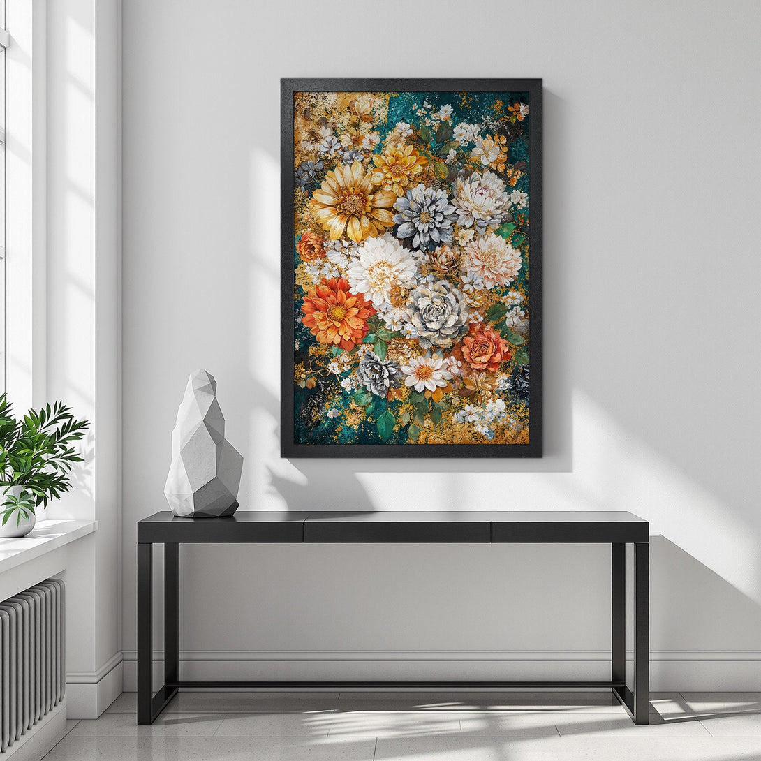 Framed Poster featuring a vibrant floral arrangement in warm, earthy tones. Perfect art for modern home decor.