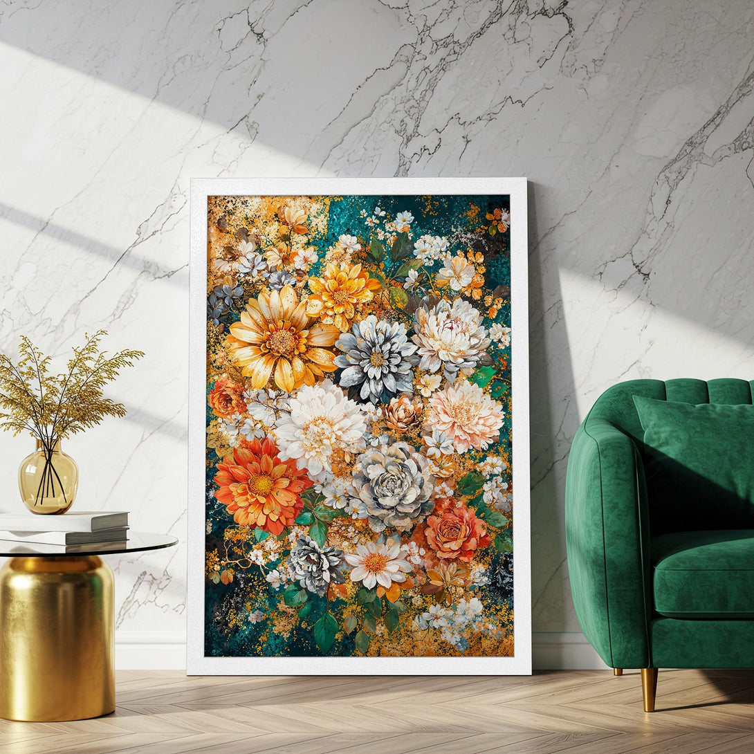 Framed Poster featuring a vibrant floral arrangement in a botanical style with a warm color palette. Perfect wall art!