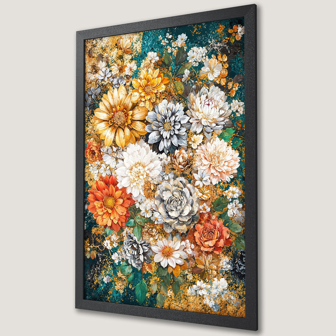 Framed Poster featuring a vibrant floral arrangement in a painterly style with a teal, gold, and orange color palette.