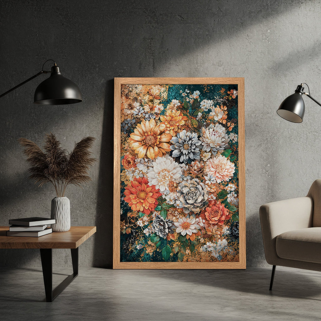 Framed Poster featuring a vibrant floral arrangement in a painterly style with warm orange, teal, and gold tones. Perfect wall art for any space.