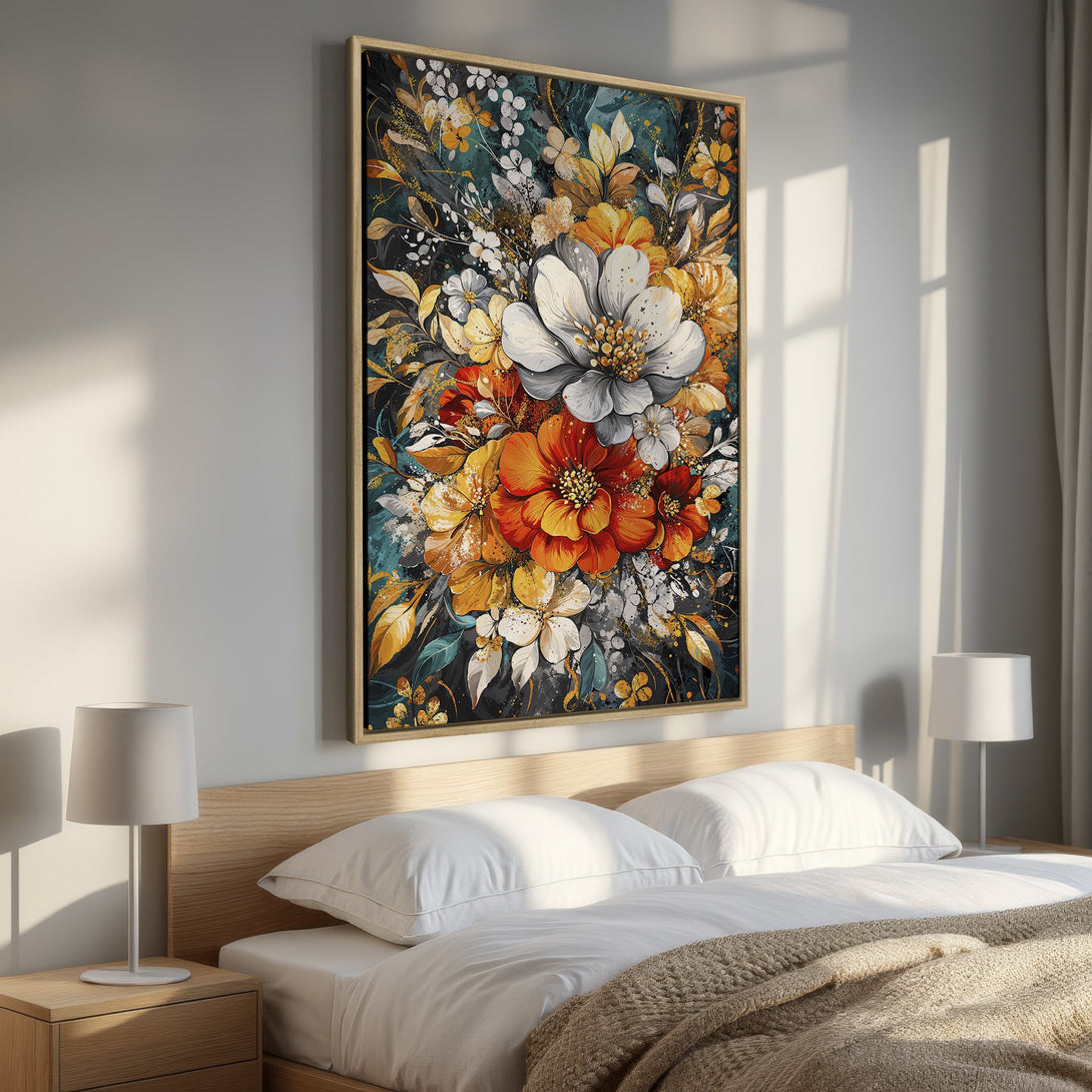 Framed Wall Art featuring vibrant floral design in warm orange, yellow, and white tones. Perfect for bedroom decor.