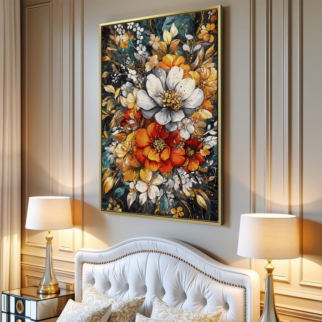 Canvas Print of vibrant floral artwork in a watercolor style, featuring a warm color palette of orange, yellow, and white. Perfect for home decor!