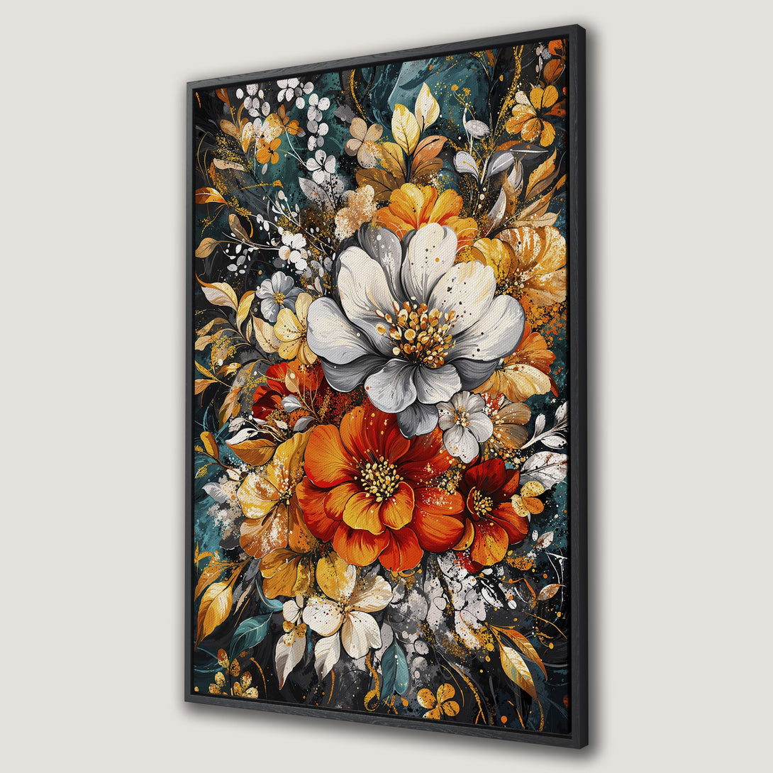 Framed Wall Art featuring a vibrant floral bouquet in a painterly style. Rich color palette of orange, yellow, white, and teal against a dark background.