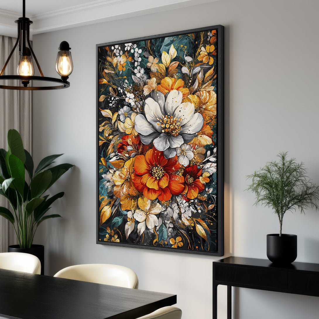 Framed Wall Art: Stunning floral Canvas Print. Modern abstract style with a vibrant color palette of orange, gold, and teal, perfect for home decor.