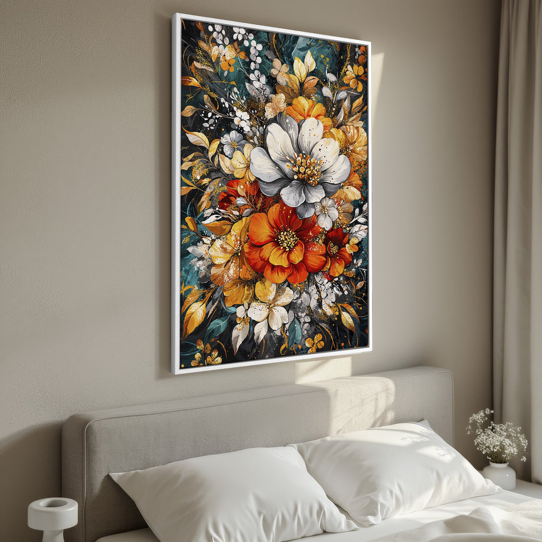 Framed Wall Art: Abstract floral Canvas Print in warm orange, yellow, and teal tones. Adds a touch of elegance to any bedroom decor.