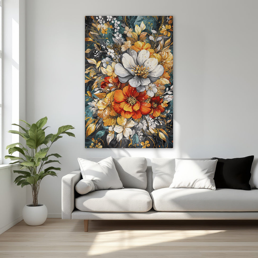 Framed Wall Art featuring a vibrant floral arrangement in a dark, moody color palette with pops of orange, white, and gold. Perfect for adding elegance!